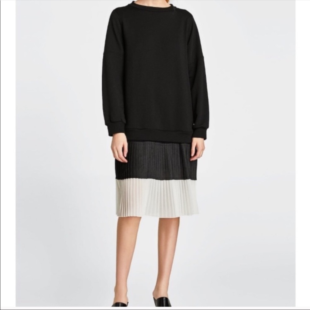 Zara black sweatshirt dress w/ pleated skirt NWT